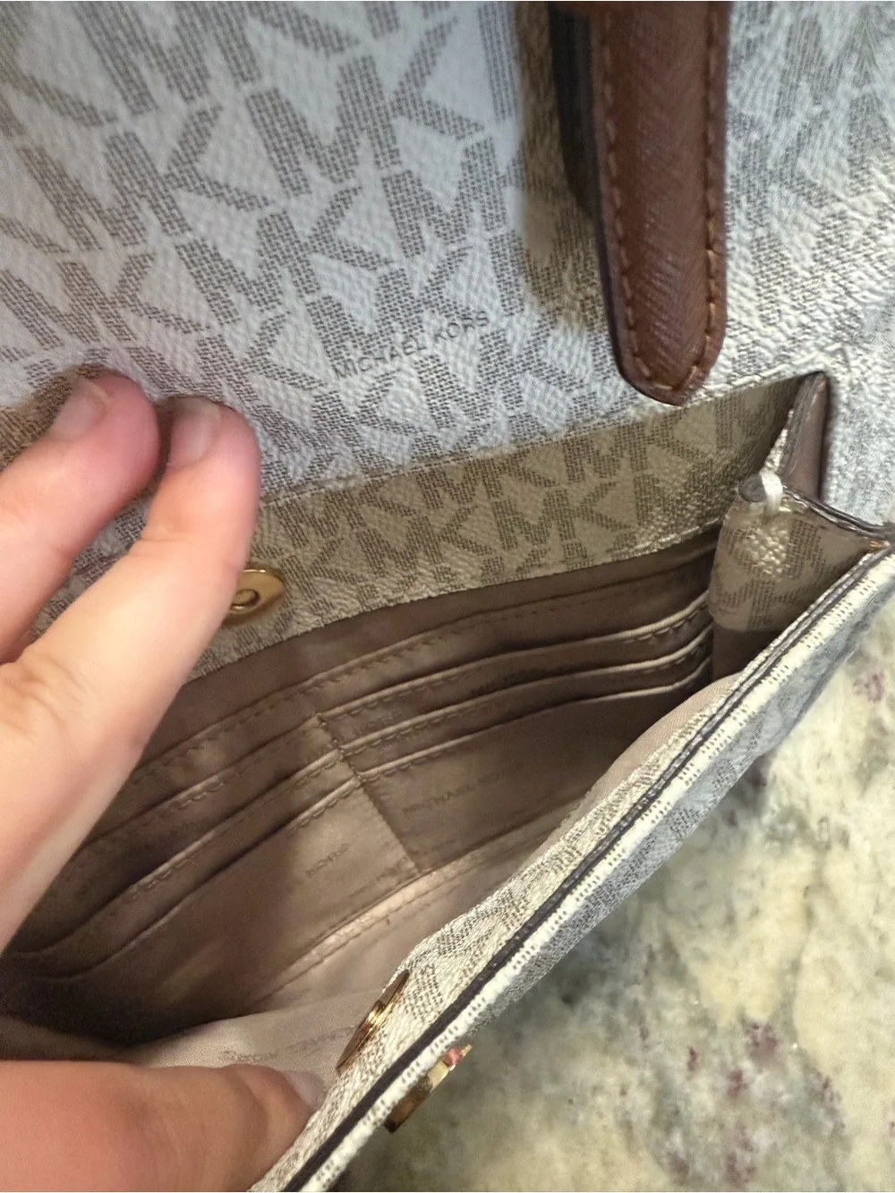 Michael Kors Jet Set Travel White Signature MK Tote with Brown Leather Trim